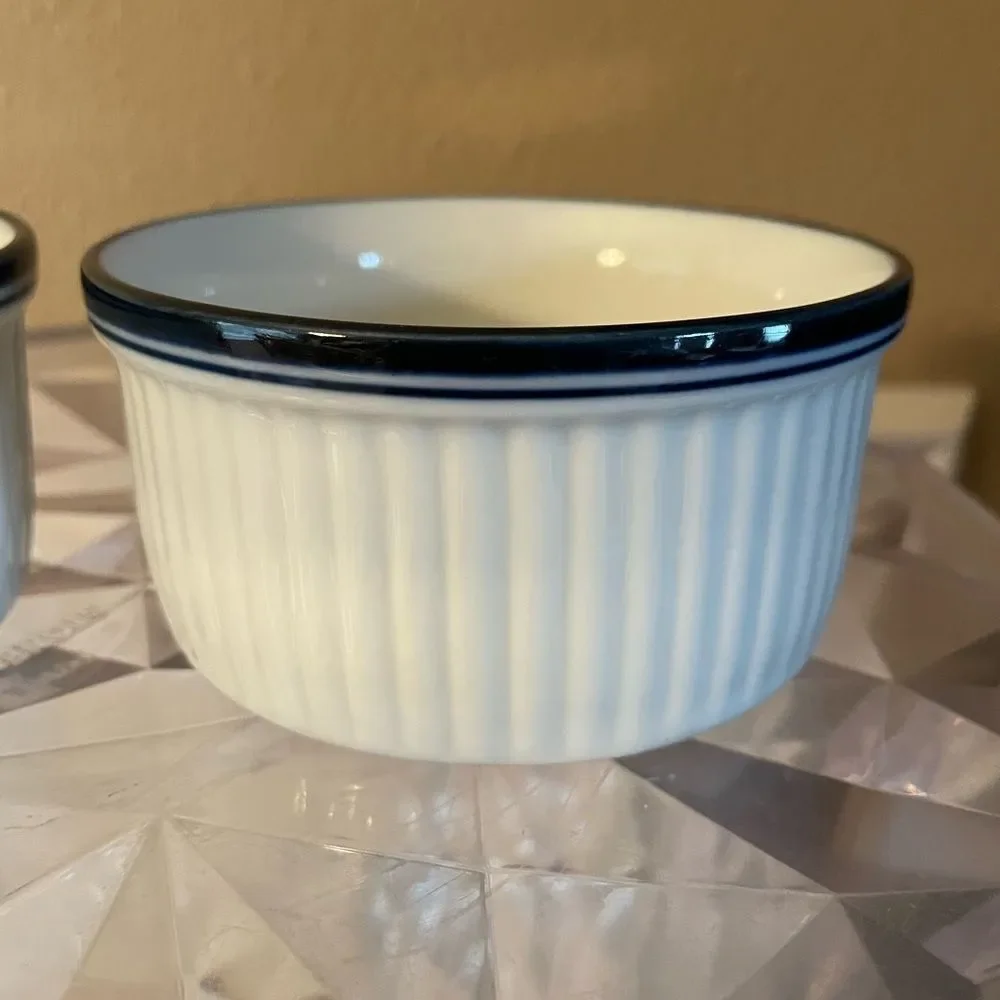 Dansk White Blue Rimmed Ribbed Bistro 4 inch Serving Bowls x 2 Portugal
